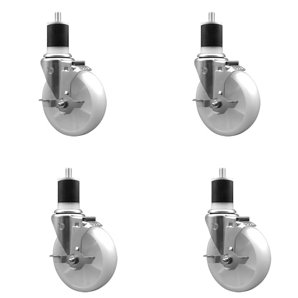 5'' SS Nylon Swivel 1-7/8'' Expanding Stem Caster Set with Brake, 4PK